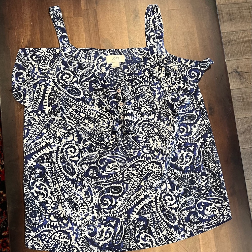 LOFT blue & white paisley ruffle tank